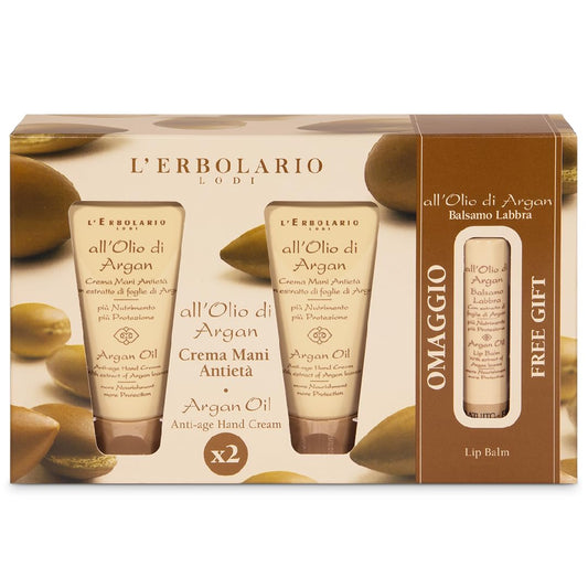 L'Erbolario - OLIO DI ARGAN Confezione regalo Crema Mani - Pacchetto contenente 2 Creme Mani Antietà da 40 ml l'uno + in Omaggio 1 Balsamo Labbra da 4,5 ml