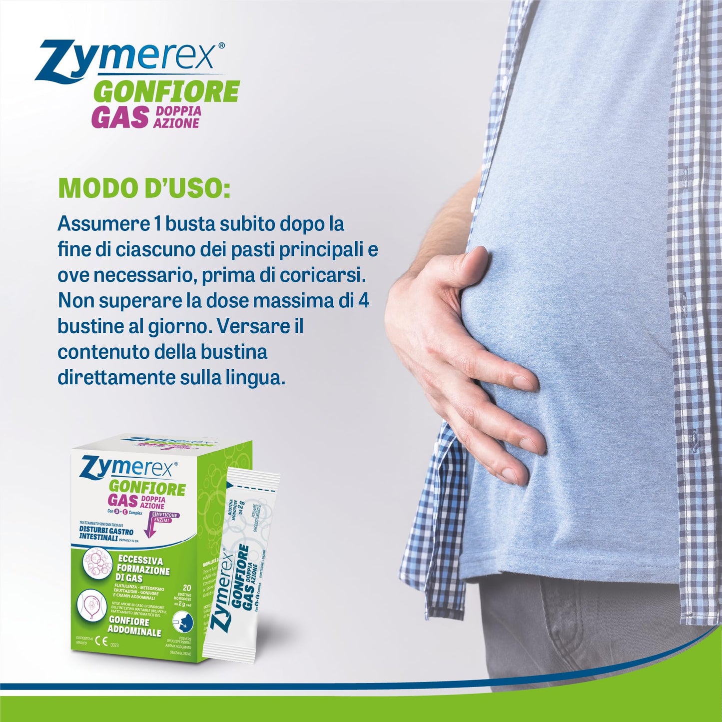 Zymerex Gonfiore Gas Doppia Azione con SE complex | 20 buste orosolubili | meteorismo | Flatulenza | Eruttazioni | Adatto in gravidanza | senza lattosio e glutine