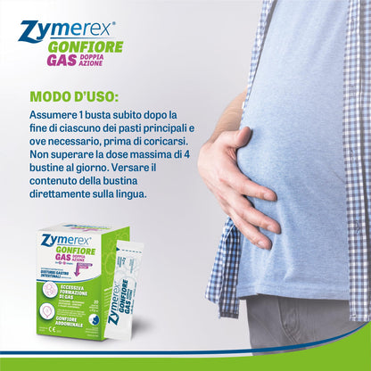 Zymerex Gonfiore Gas Doppia Azione con SE complex | 20 buste orosolubili | meteorismo | Flatulenza | Eruttazioni | Adatto in gravidanza | senza lattosio e glutine