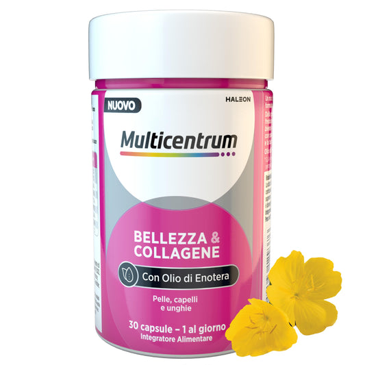 Multicentrum Bellezza & Collagene, Integratore Alimentare con Collagene, Biotina, Vitamina C, Olio di Enotera, formula completa per pelle, capelli, unghie, Adulti, 30 capsule