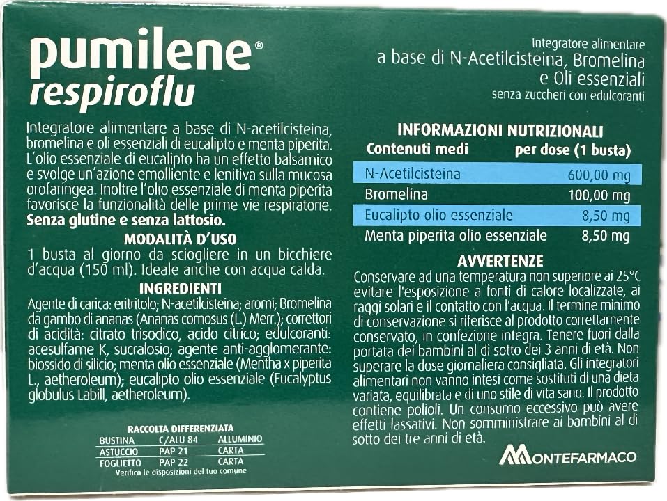Pumilene Respiroflu 12 Bustine solubili con N-acetilcisteina, Bromelina, Oli essenziali, Gusto menta arancia, 36 g
