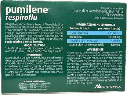 Pumilene Respiroflu 12 Bustine solubili con N-acetilcisteina, Bromelina, Oli essenziali, Gusto menta arancia, 36 g