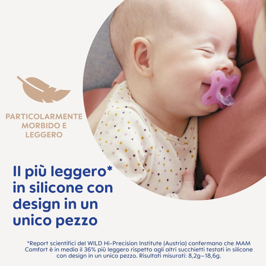 MAM Comfort Succhietto Ciuccio MAM 0-3 mesi in 100% silicone con design unico, Kit da 2 accessori neonato morbidi e leggeri con porta ciuccio