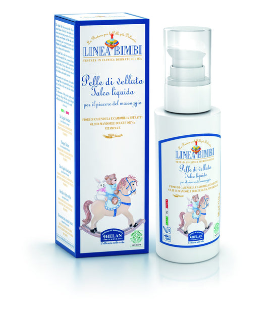 Helan, Linea Bimbi - Talco Liquido Neonato e Bambino con Vitamina E e Olio di Mandorle Dolci Idratante, Crema Corpo Fluida per Massaggio Rilassante Neonati e Bambini Calmante con Camomilla, 100 ml