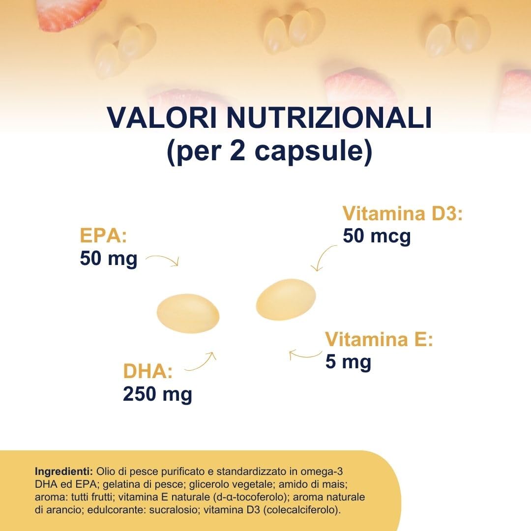 Omega 3 Bambini OMEGOR Kids 3+ Anni (60 Capsule Masticabili alla Frutta) - Ideale per Cervello, Vista, Ossa e Difese Immunitarie per Bambini con Vitamine D3 ed E - Ricco di EPA e DHA