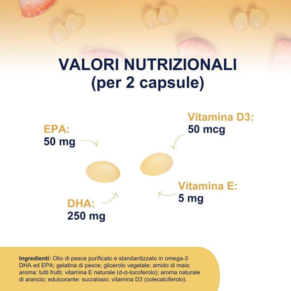 Omega 3 Bambini OMEGOR Kids 3+ Anni (60 Capsule Masticabili alla Frutta) - Ideale per Cervello, Vista, Ossa e Difese Immunitarie per Bambini con Vitamine D3 ed E - Ricco di EPA e DHA
