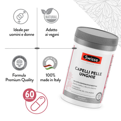 SWISSE Capelli Pelle Unghie - Integratori per Capelli, Pelle e Unghie con Vitamina C Biotina Cardo Mariano, 60 Compresse - Zinco Integratore Capelli, Formazione Collagene e Unghie Sane - Made in Italy